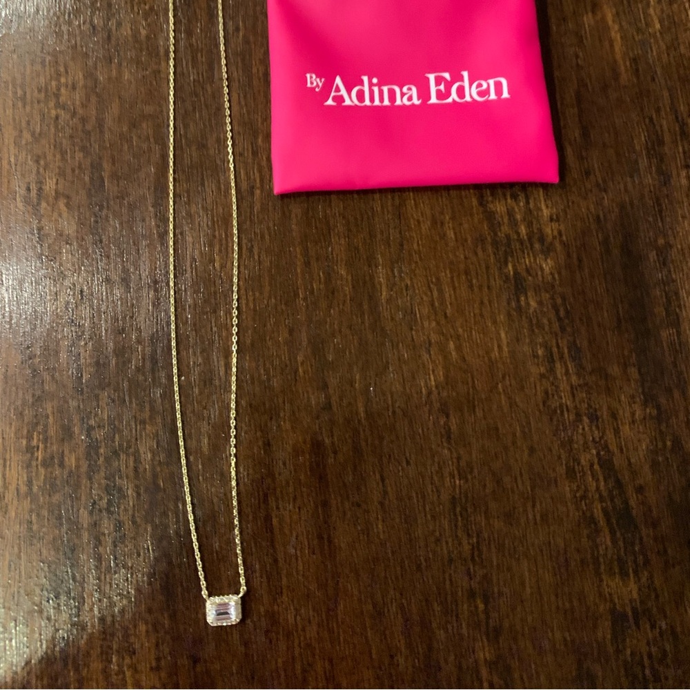 Pave Outlined Baguette Solitaire Pendant Necklace Made From Brass 14K Gold Plt